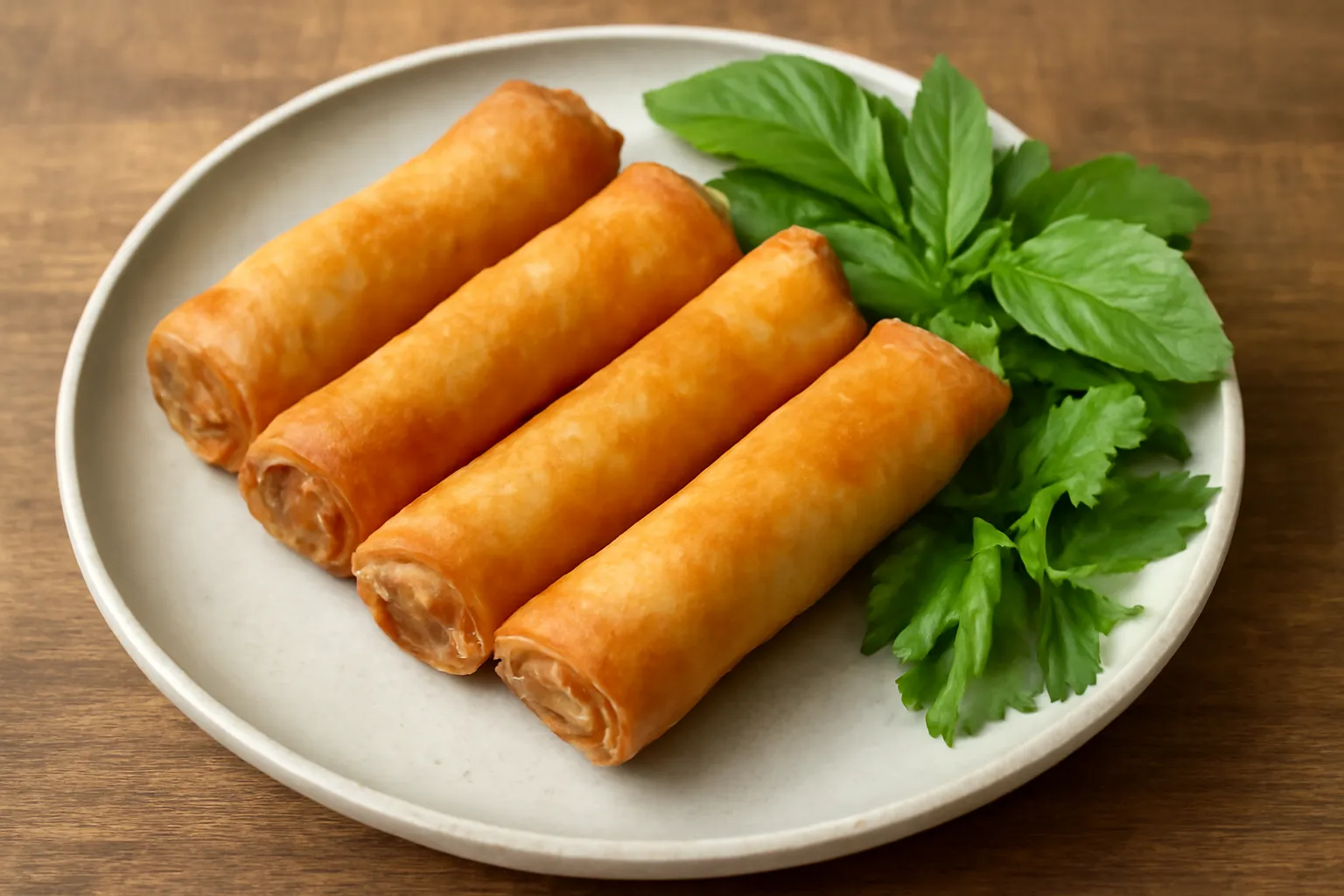 Chả giò chay vàng giòn xếp trên đĩa với rau sống