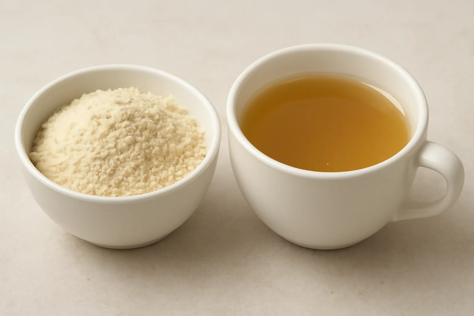 Bát bột gluten khô màu kem đặt cạnh chén nước dùng