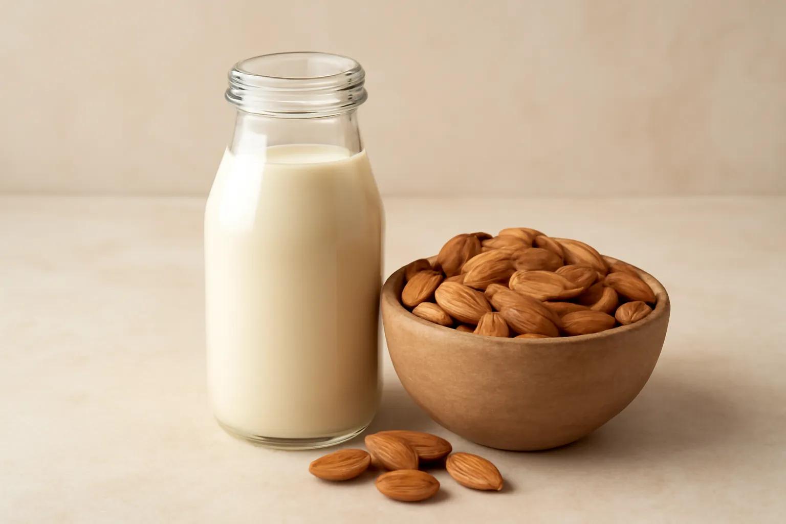 Chai sữa hạt màu trắng ngà bên cạnh bát hạnh nhân