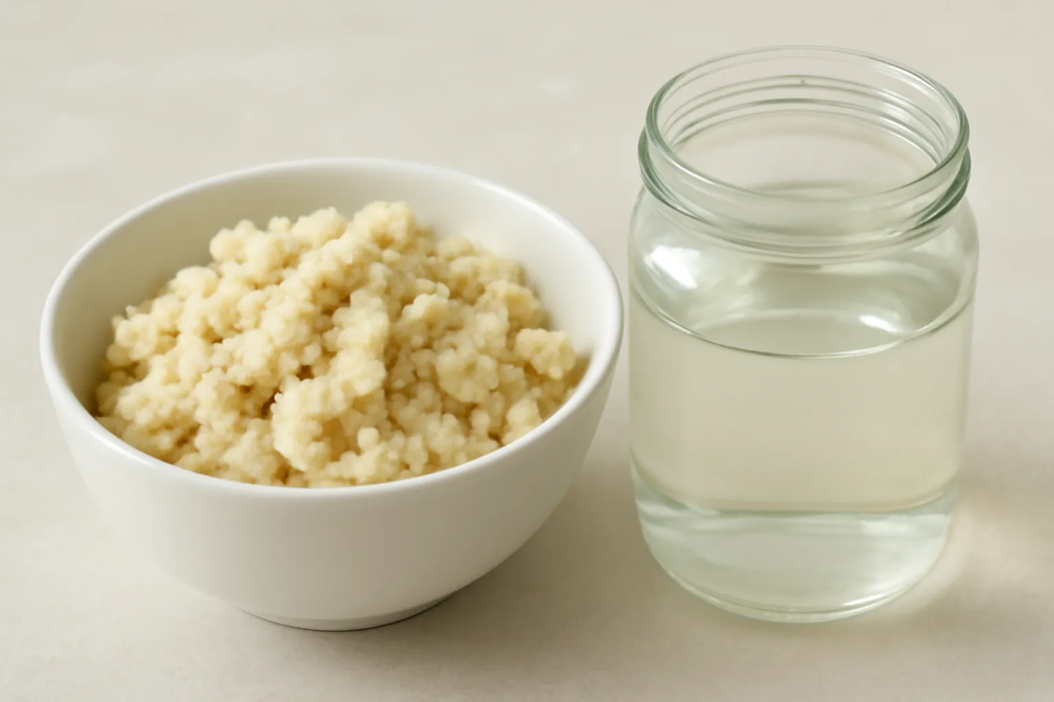 Bát bã đậu trắng đặt cạnh hũ nước trong