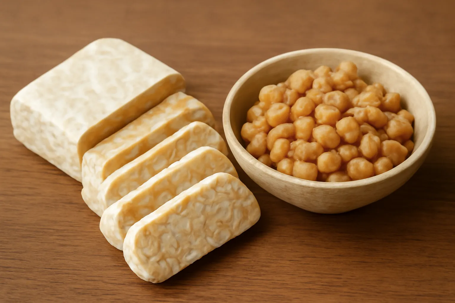 Miếng tempeh cắt lát bên cạnh bát đậu nành lên men