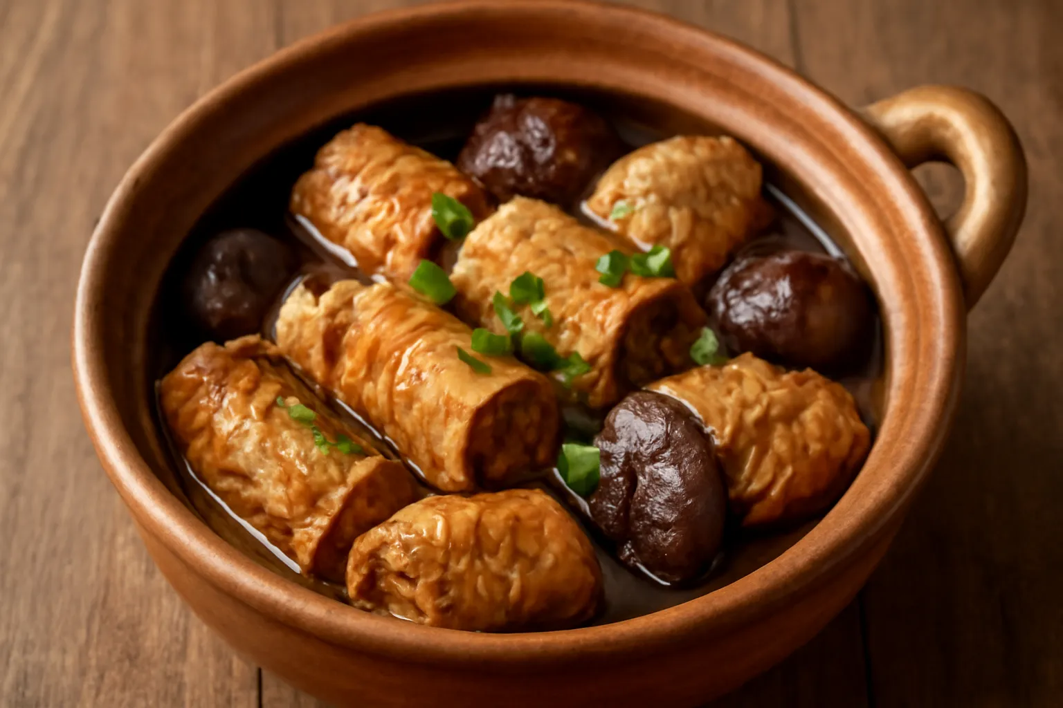 Tàu hũ ky cuộn nấm kho trong nồi đất